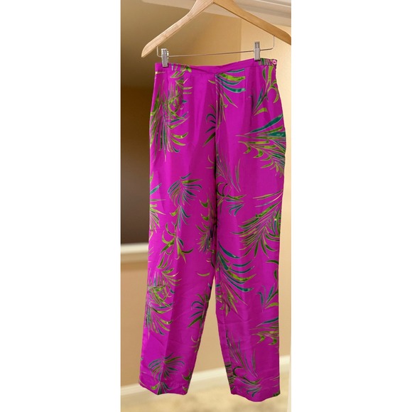 Patchington Pants - Vintage Womens Y2K Patchington 100%Silk Tropical Palm Print Pants Pink Coastal 8